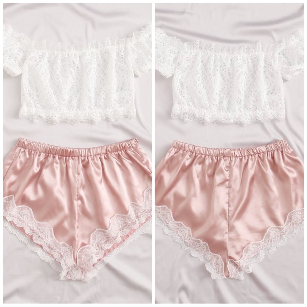 New White & Pink Satin Silk-Like Lace PJ Set​ - Picture 2 of 5